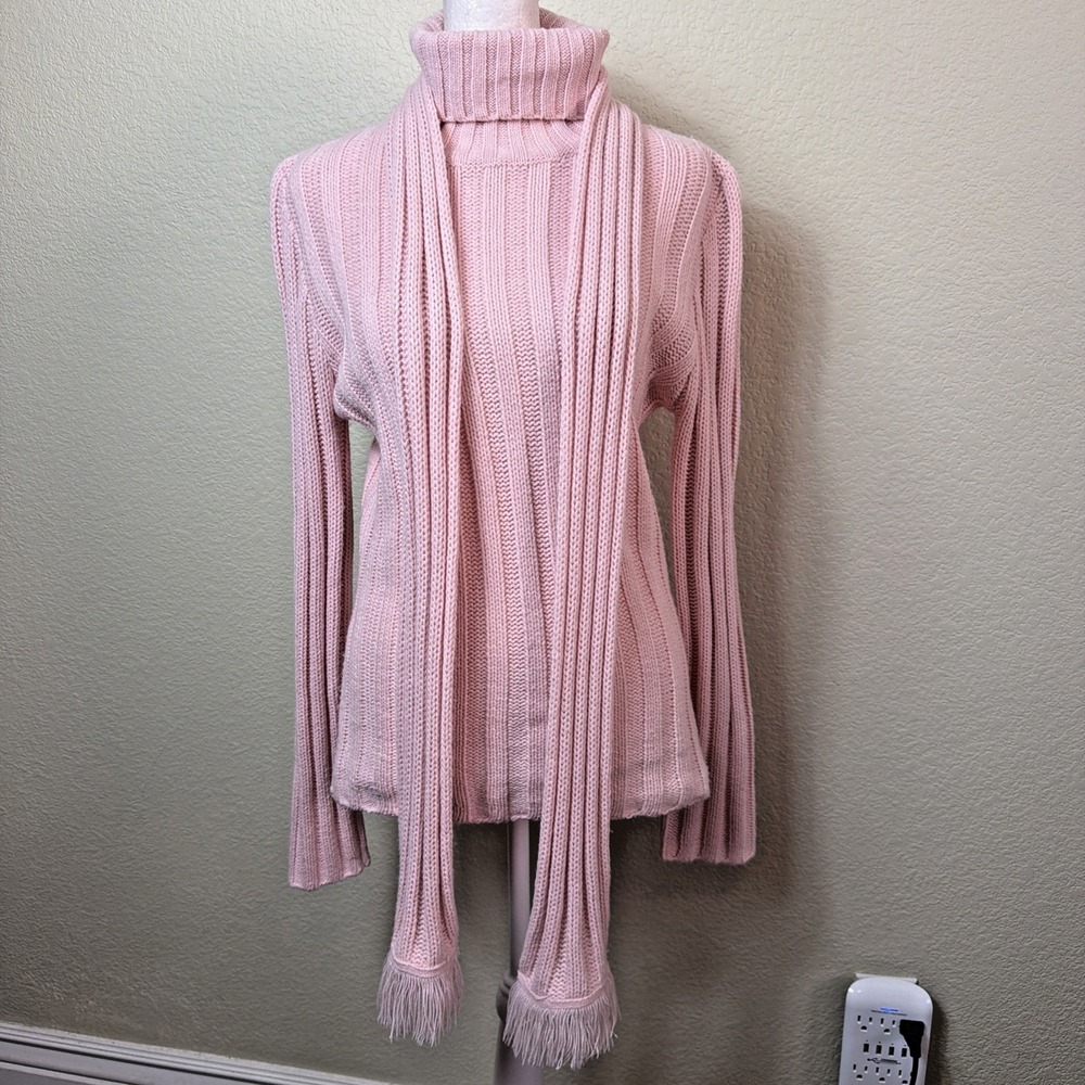 Maria Gabrielle Pink Turtleneck Pullover Cable Ribbed Knit Sweater Fringe Scarf
